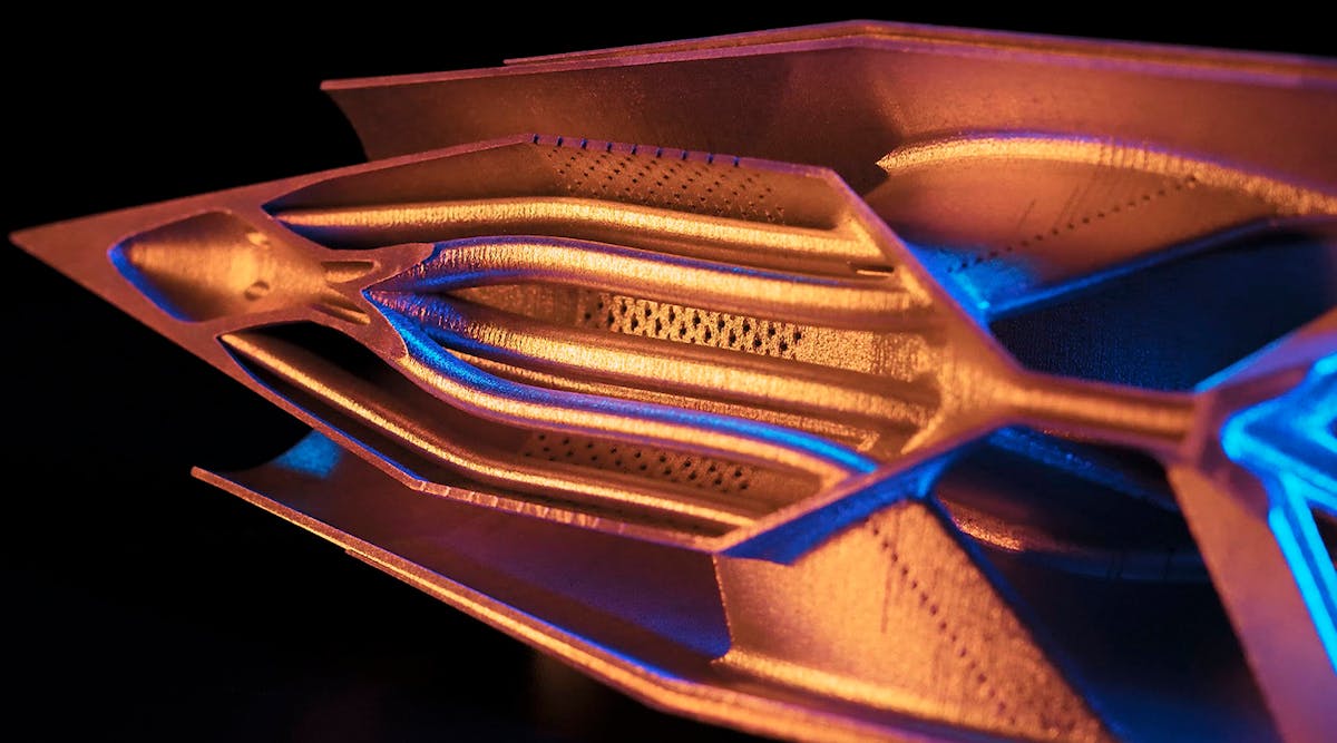 Close up of the bisected 3D-printed ramjet showing the complexity of its internal design features.
