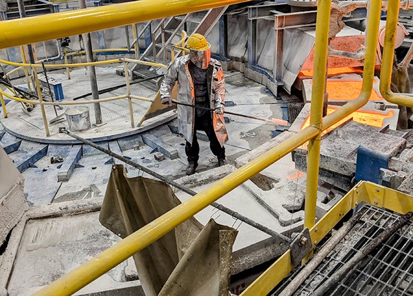 Melting and refining copper scrap into copper anodes takes about 24 hours, and crews work in 12-hour shifts. Three operators are responsible for keeping the molds free of debris; eliminating slag build-up in the ladles and launders; monitoring temperatures; and performing necessary maintenance.