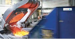 The Cyrus Equipment mobile charger delivers scrap materials for electric induction melting, with a charging capacity of 40-70 tph, operating at a drive speed of approximately 18 cm/second. The Cyrus Equipment mobile charger delivers scrap materials for electric induction melting, with a charging capacity of 40-70 tph, operating at a drive speed of approximately 18 cm/second.