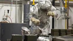 Ted Fetchik, a USAF 553rd Commodities Maintenance Squadron welder, pours aluminum into a 3D-printed mold at Tinker Air Force Base.