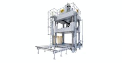 The four-column abk Pressenbau Megapress is designed for trimming tools with a base plate of 3,000 x 3,000 mm and weighing approximately 30 metric tons. It is capable of 300 metric tons pressing force. The four-column abk Pressenbau Megapress is designed for trimming tools with a base plate of 3,000 x 3,000 mm and weighing approximately 30 metric tons. It is capable of 300 metric tons pressing force.