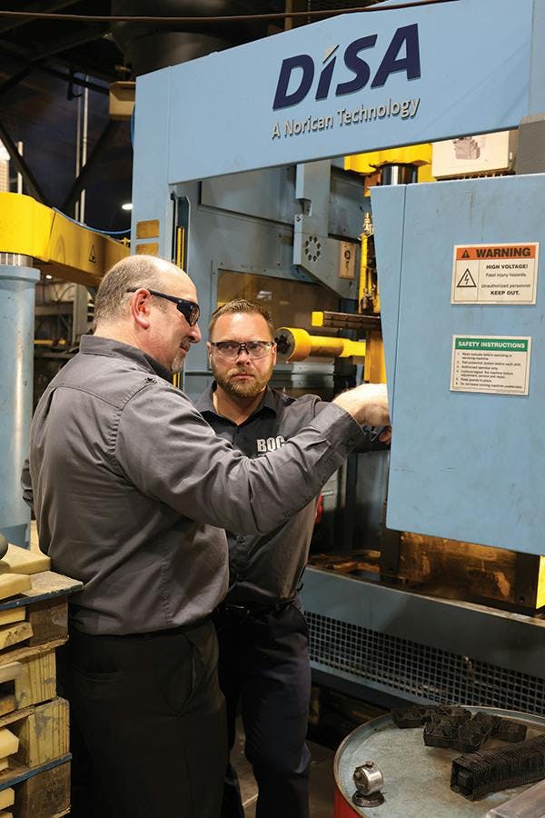 V.P. of Operations Brandon Boose (left) selected a DISA MATCH 16/20 vertical molding machine to replace Boose Quality Castings’ molding lines, resulting in aluminum castings with better surface quality, and thus less finish grinding, and other advantages for productivity and molding efficiency. V.P. of Operations Brandon Boose (left) selected a DISA MATCH 16/20 vertical molding machine to replace Boose Quality Castings’ molding lines, resulting in aluminum castings with better surface quality, and thus less finish grinding, and other advantages for productivity and molding efficiency.