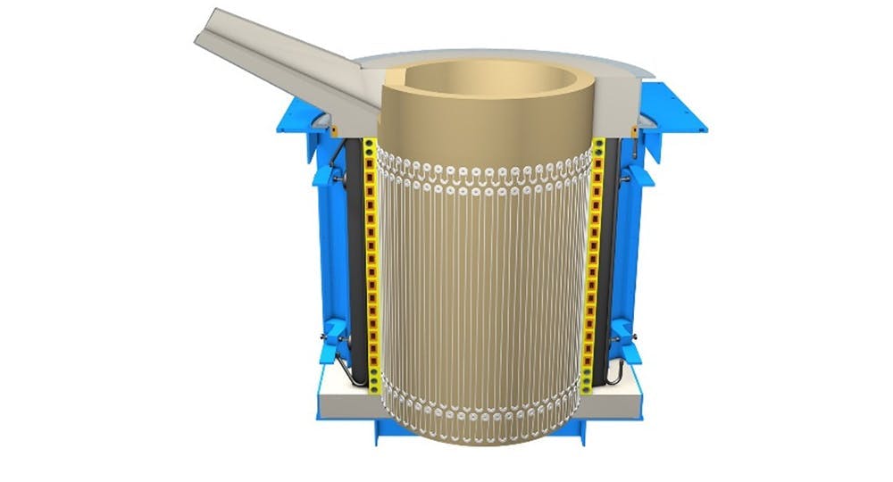 An illustration shows a coreless induction furnace with the OCP+ sensor cable in place. An illustration shows a coreless induction furnace with the OCP+ sensor cable in place.