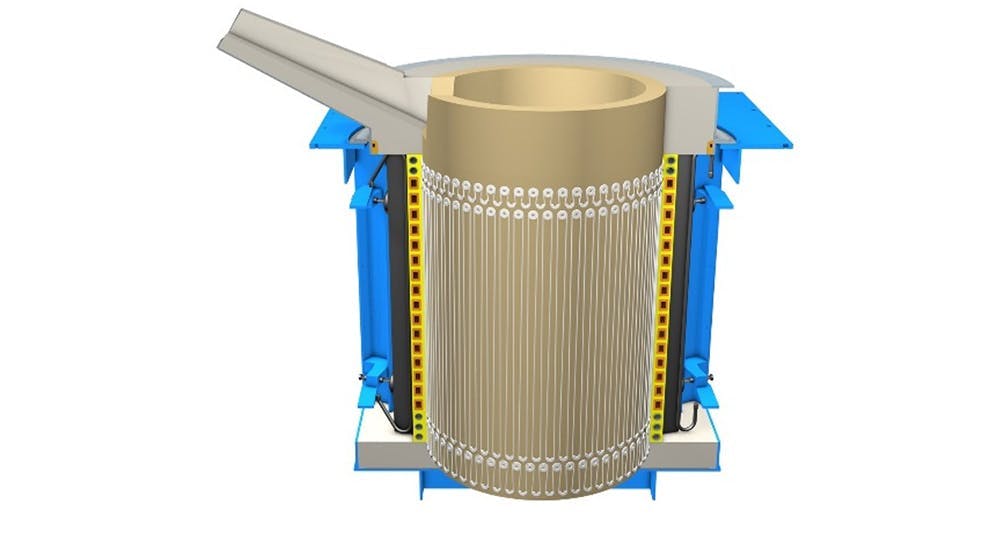An illustration shows a coreless induction furnace with the OCP+ sensor cable in place.