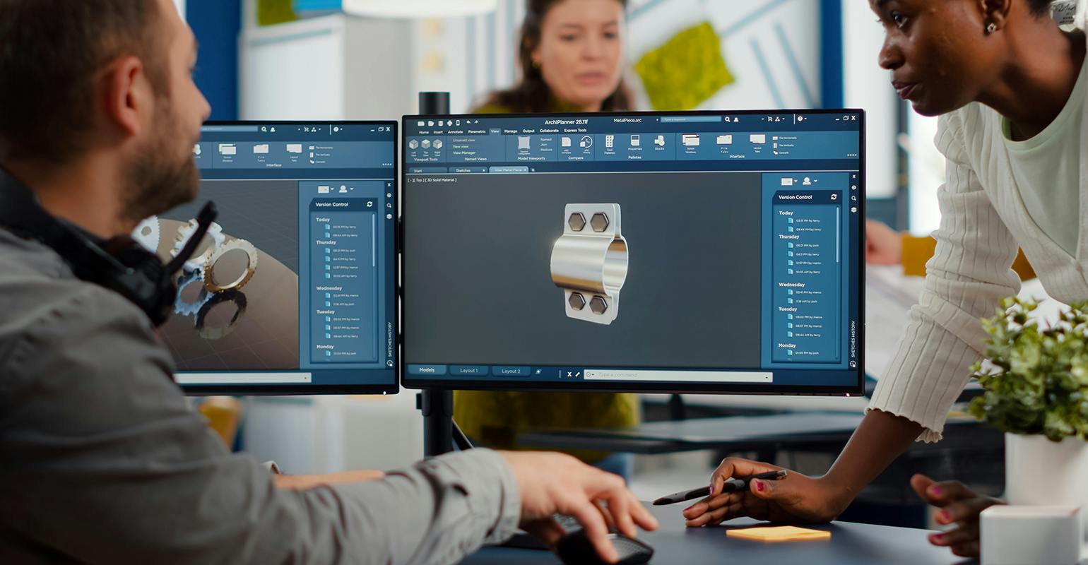 Team discussing industrial project.