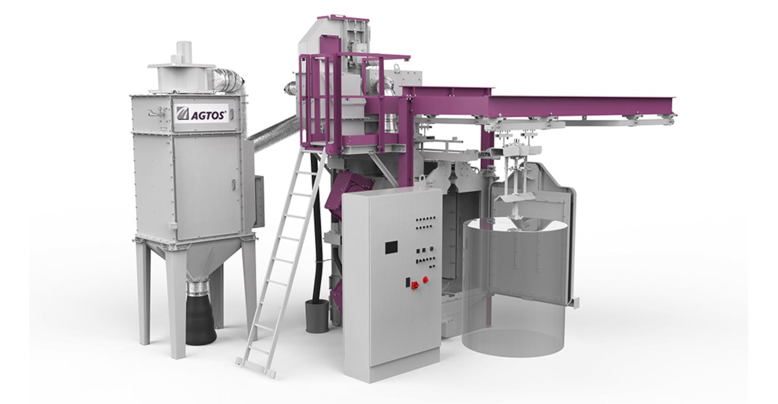 A suspended rail system, adaptable to various installations, for serving workpieces of different sizes and shapes to a shot-blasting process.