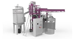 A suspended rail system, adaptable to various installations, for serving workpieces of different sizes and shapes to a shot-blasting process. A suspended rail system, adaptable to various installations, for serving workpieces of different sizes and shapes to a shot-blasting process.