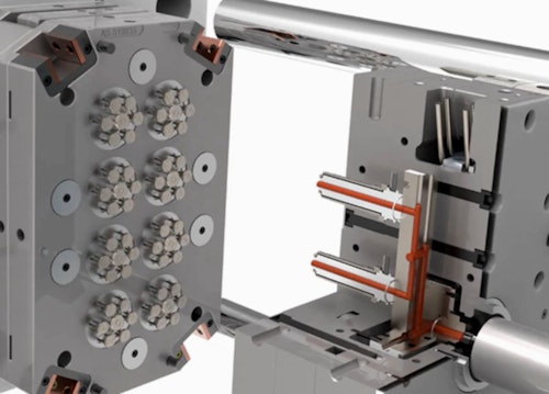 Ferrofacta’s hot runner system uses an indirect runner rather than a typical sprue and runner system. Here, diecast tooling for an eight-drop, 48-cavity production run.