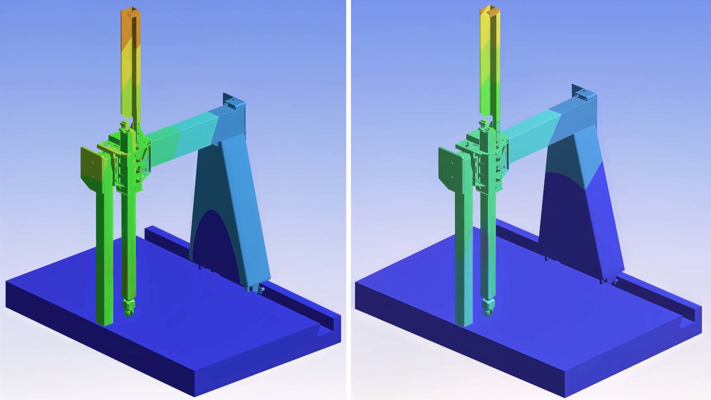 Finite element analysis on the ALTERA C (left) and the ALTERA C HA (right) demonstrates that deflection throughout their structures is measured in microns. There is a 17% overall improvement in ALTERA C HA bridge stiffness compared with the standard ALTERA C due in part to a new design of main leg.