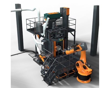 A robot places a workpiece into the blast chamber, where it is held in place by an integrated clamping mechanism. Programming is simple and easy.