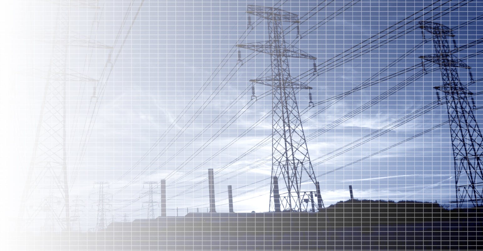 Power lines and pylons in a grid.