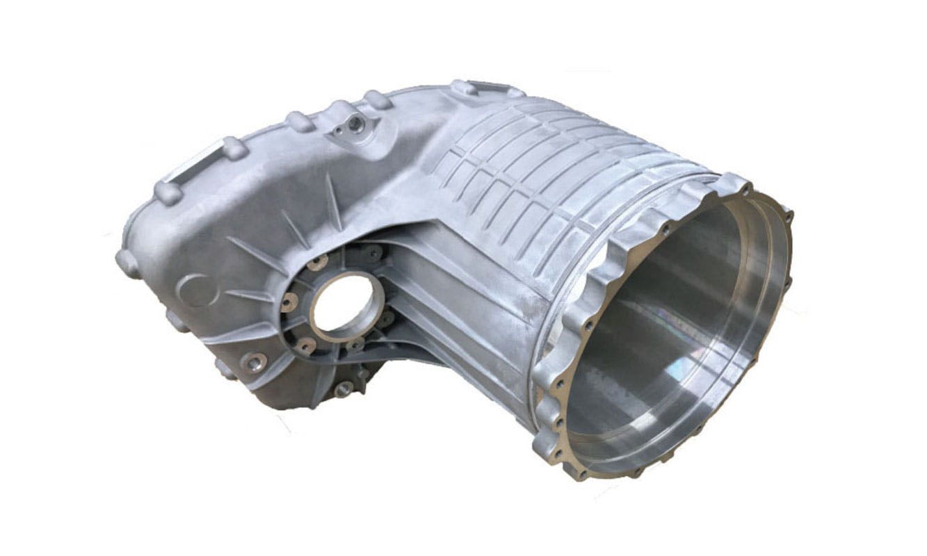 A diecast aluminum e-axle case, produced by Ryobi.