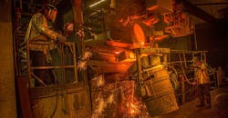 Molten metal transfer using crucibles at Smith Foundry, Minneapolis. Molten metal transfer using crucibles at Smith Foundry, Minneapolis.