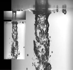 Figure 3. Air is entrained when a jet of liquid hits the bath surface, as illustrated. Figure 3. Air is entrained when a jet of liquid hits the bath surface, as illustrated.
