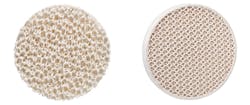 Figure 7. A standard ceramic-foam filter (left) compared with a 3D-printed filter (right.) Figure 7. A standard ceramic-foam filter (left) compared with a 3D-printed filter (right.)