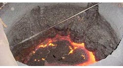 Severe slag build-up in the upper case of a channel furnace. Severe slag build-up in the upper case of a channel furnace.