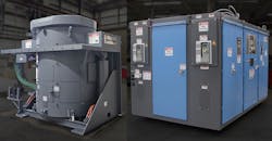 Inductotherm furnace (left) and power supply unit (right). Inductotherm furnace (left) and power supply unit (right).