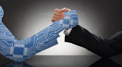 Illustrated digital human hand and businessman, arm wrestling.