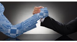 Illustrated digital human hand and businessman, arm wrestling. Illustrated digital human hand and businessman, arm wrestling.