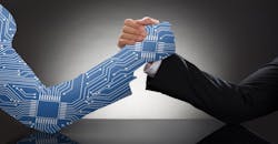 Illustrated digital human hand and businessman, arm wrestling. Illustrated digital human hand and businessman, arm wrestling.