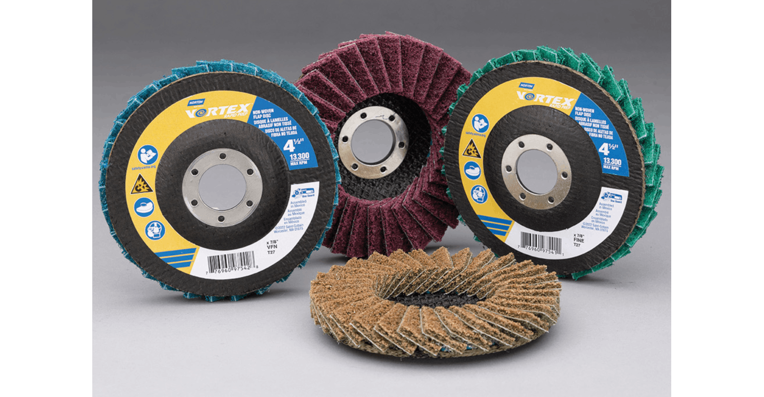 Norton Vortex Rapid Prep non-woven flap discs.