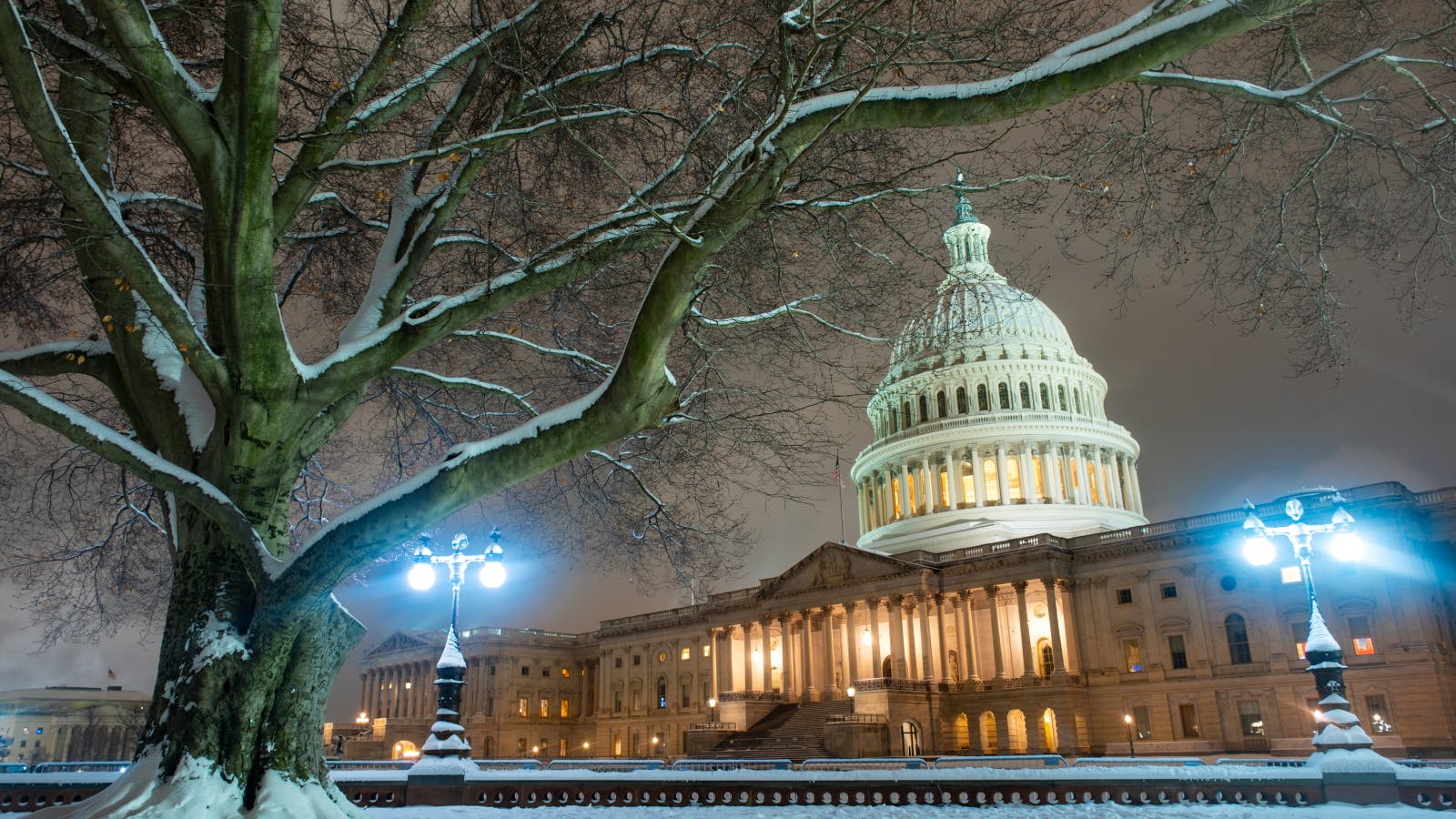 US Capitol at night, in winter.