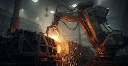 Industrial robotic arm pouring molten metal.