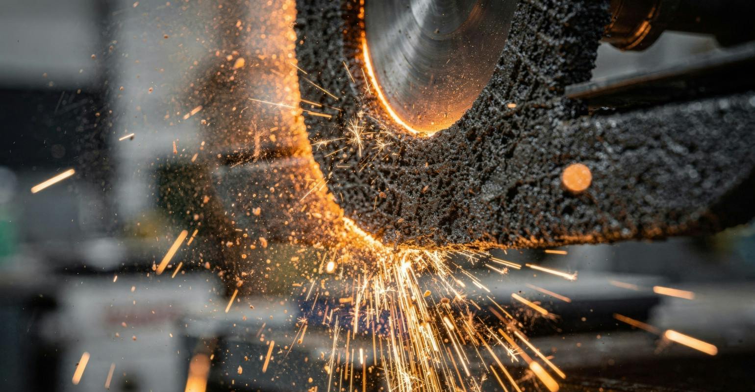 Abrasive cutoff wheel at work on a casting tree.